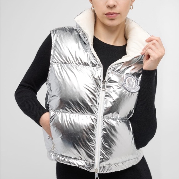 MONCLER NWT Blavet Silver Down Quilted Puffer Vest 3 L Metallic - Picture 6 of 16